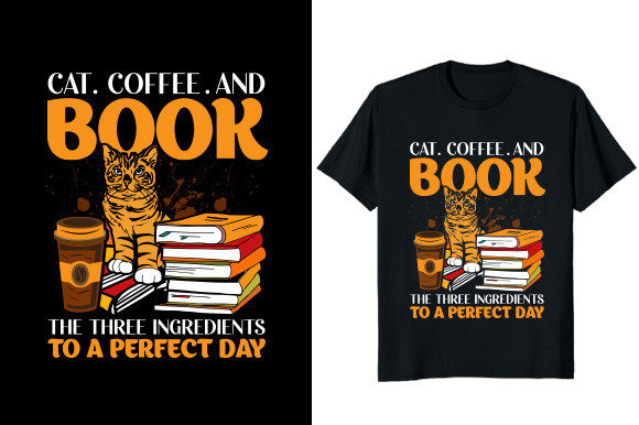 Cat Coffee and Book T-shirt Design